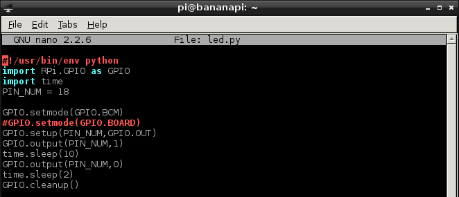 Bananapi GPIO programozás - LED.py