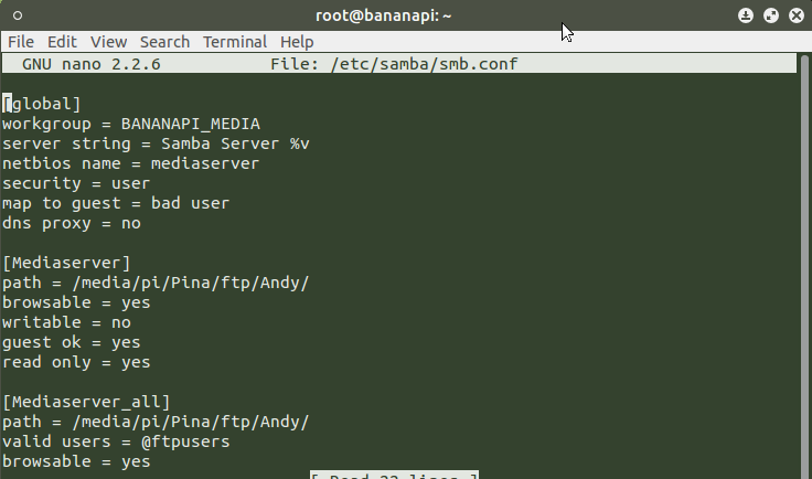 Bananapi M1 - NAS - 3. - SAMBA server config file