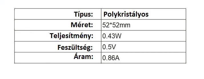 Napelem - 0.5V - 860mA - 52x52mm